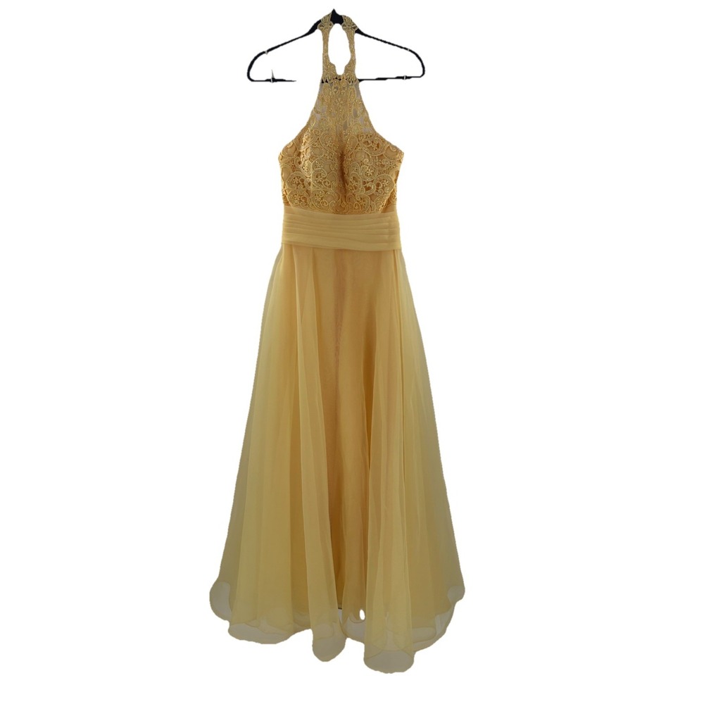 Alyce Designs Woman's Ball Gown Halter Neck Lace Belt Yellow Sz 6